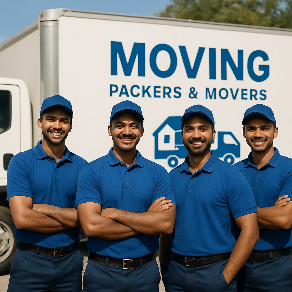 Haryana Packers And Movers uniformed team in front of their moving truck