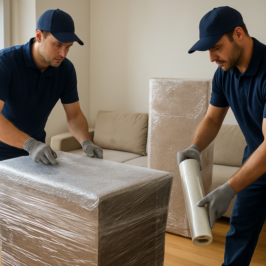 Movers wrapping furniture with protective film during packing