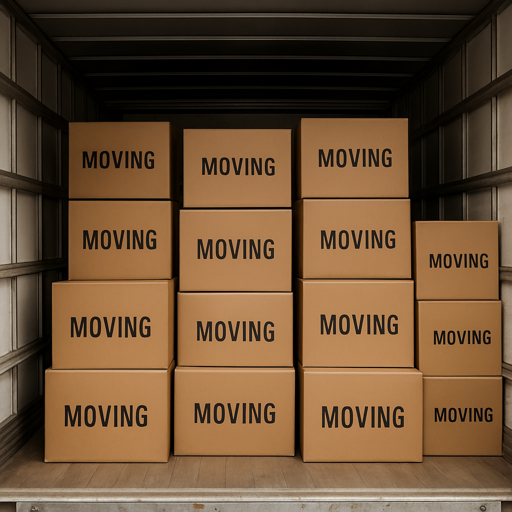 Neatly labeled moving boxes loaded inside the truck cargo area