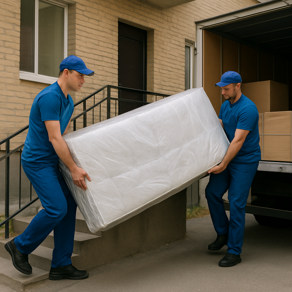 Workers carefully carrying wrapped furniture down to the moving truck