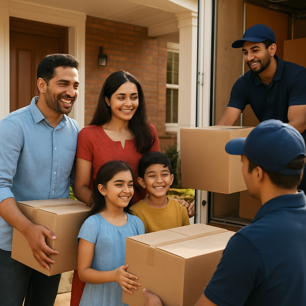 Happy family receiving their belongings at their new home