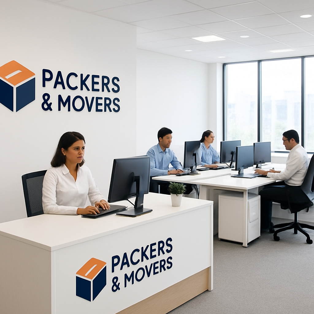 Haryana Packers And Movers branded office reception with staff at work