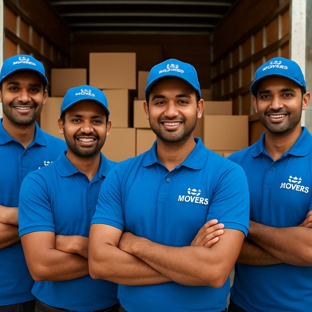 Uniformed Haryana Packers And Movers crew standing together