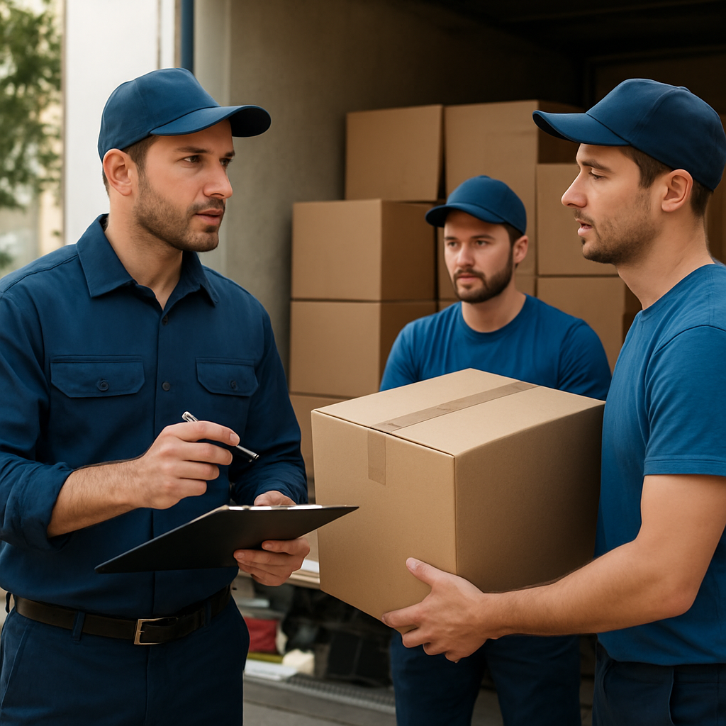 Supervisor guiding workers while loading boxes